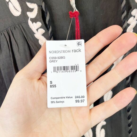 Raga Embroidered Mini Long Sleeve Grey Dress Cotton Small NWT - Picture 2 of 10